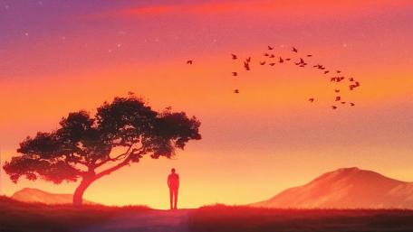 Solitary Figure Under Sunset Sky wallpaper