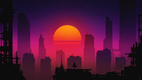 Retrowave Sunset Over a Futuristic Cityscape wallpaper