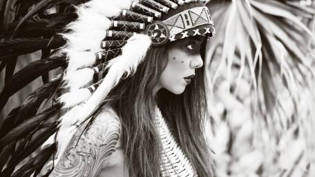 Woman wearing Native American headdress black and white art wallpaper