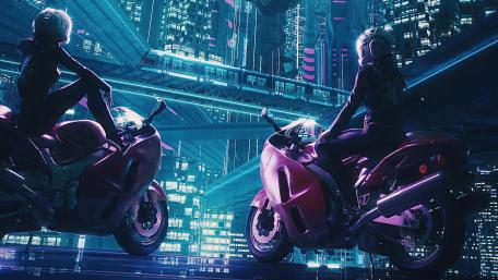 Futuristic Biker Girls Rule the Cyber City wallpaper