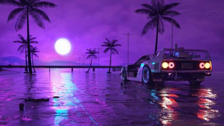 Retro Futuristic Ride under the Neon Moon wallpaper