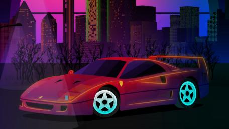 Retro Ferrari in a Neon Fantasy Cityscape wallpaper