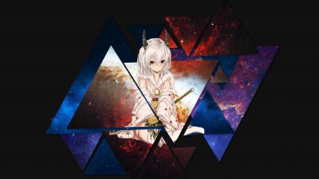 Geometric Samurai Girl Amidst Cosmic Triangles wallpaper