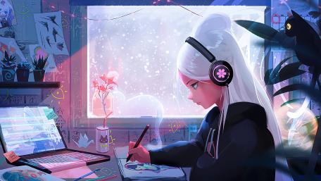 Serene Beats of the Anime Artist wallpaper