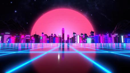 Neon Nightfall Over Retro Cityscape wallpaper