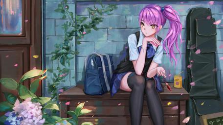 Contemplative Schoolgirl with Lavender Locks wallpaper