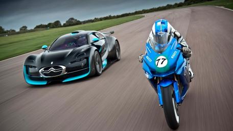 Futuristic Race: Citroen vs Motorcycle Showdown wallpaper