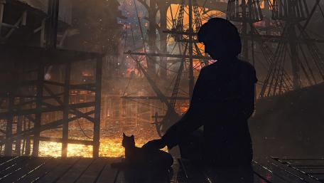 Silhouette Serenity in a Fiery Harbor Scene wallpaper