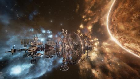 Futuristic Space Station Orbiting a Fiery Planet wallpaper