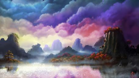 Mystical Twilight Over Serene Lake wallpaper
