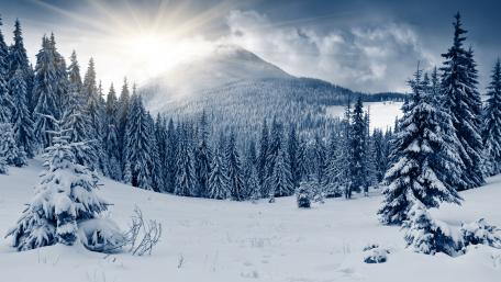 Snow-Capped Serenity Beneath Sunlit Peaks wallpaper