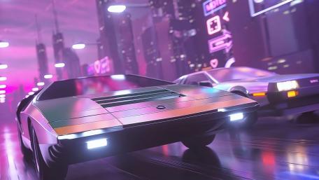 Retro Futuristic Cars in Neon Cityscape wallpaper