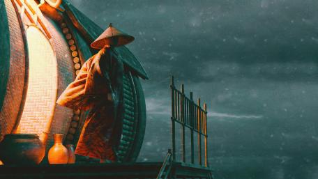 Lone Samurai Under Snowy Sky wallpaper