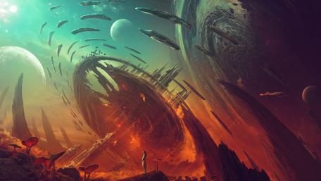 Alien Armada Over Galactic Metropolis wallpaper