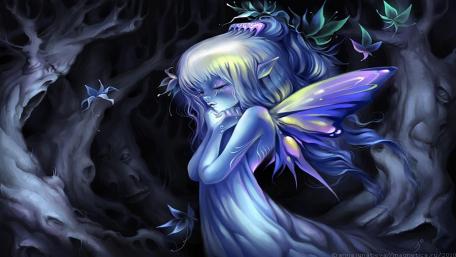 Mystical Blue Angel in an Enchanted Forest wallpaper