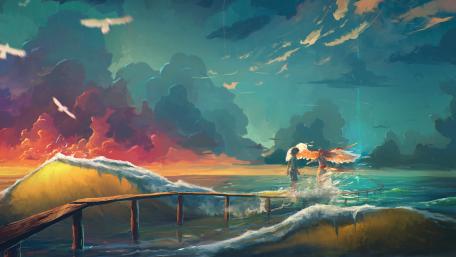 Serene Angelic Respite Amidst Chaotic Skies wallpaper