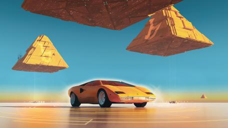 Epic Lamborghini Countach Among Floating Pyramids in a Surreal Landscape wallpaper