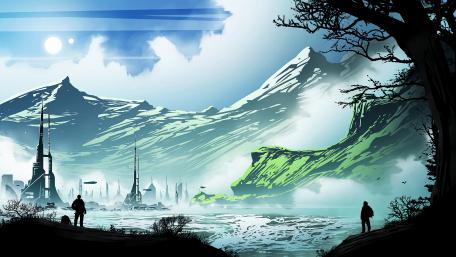 Futuristic Mountain Vista Encounter wallpaper