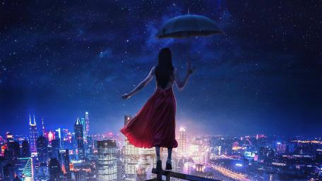 Fantasy Nightscape with Umbrella Dreaming Woman wallpaper