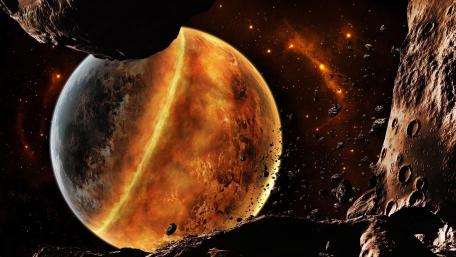 Fiery Planet Among Asteroids wallpaper