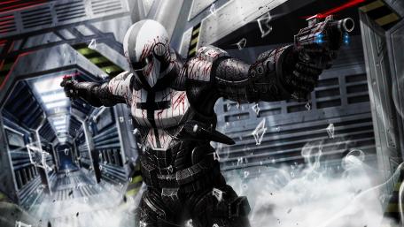 Battle-Ready Cyber Soldier in Futuristic Space Station wallpaper