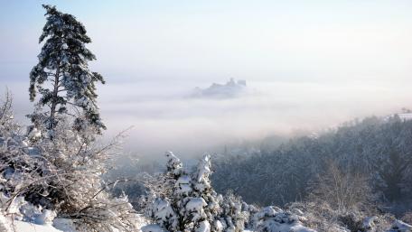 Serene Winter Landscape with Misty Castle View wallpaper