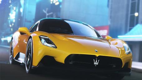 Yellow Maserati in a Futuristic Cityscape wallpaper