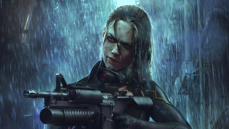 Cyberpunk Warrior in the Rain wallpaper