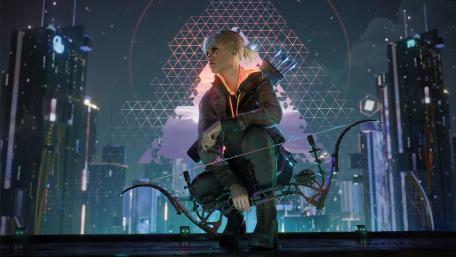 Futuristic Warrior in a Cyberpunk Cityscape wallpaper