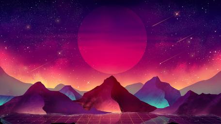 Synthwave Sunset Over Grid Mountains wallpaper
