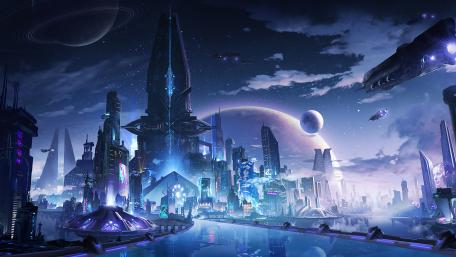 Futuristic Cityscape Under Twilight Skies wallpaper