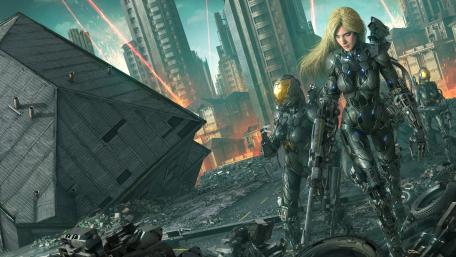 Blonde Cyborg Commander at Dystopian Warfare wallpaper