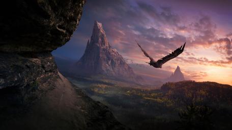 Majestic Flight Towards Twilight Peaks wallpaper