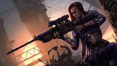 Futuristic Sniper in Cyberpunk Cityscape wallpaper
