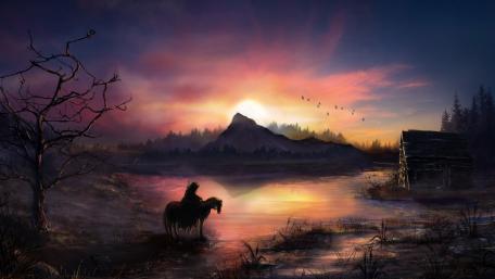 Wanderer's Dawn in a Fantasy World wallpaper