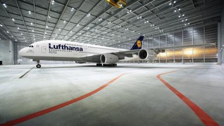 Sophisticated Airbus A380 in Lufthansa Hangar Wallpaper wallpaper