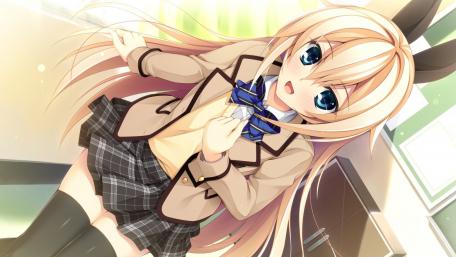Bright-Eyed Anime Schoolgirl in Sunlit Classroom wallpaper