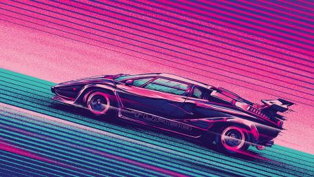 Retro Lamborghini Countach in Pink and Blue Glory wallpaper