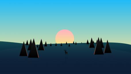 Sunset Serenity with Pine Trees and Deer wallpaper