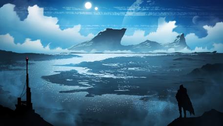 Futuristic Wanderer in a Blue Landscape wallpaper