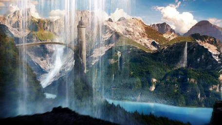 Mystical Mountain Castle in Fantasy World wallpaper