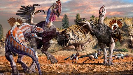 Epic Clash of Dinosaurs in a Magical World wallpaper