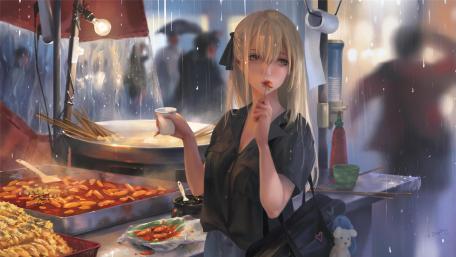 A Rainy Evening at the Japanese Street Food Stall wallpaper