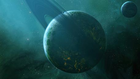 Mystical Green Ringed Planet in 4K wallpaper
