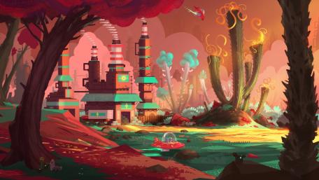 Vibrant Alien World with Industrial Intrigue wallpaper