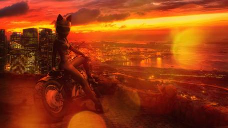 Sunset Ride with a Catgirl Biker wallpaper