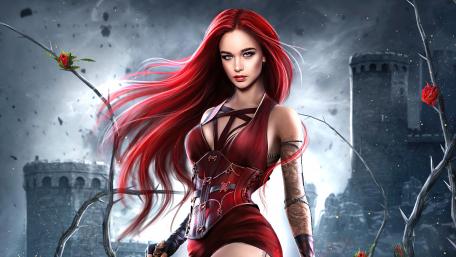 Mystical Red-haired Warrior in Dark Fantasy Realm wallpaper