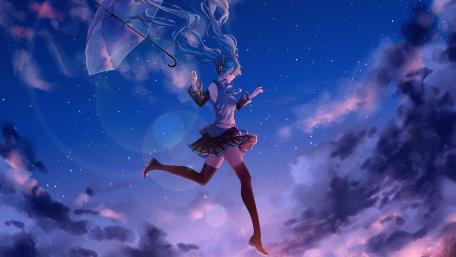 Anime Girl in Night Sky with Umbrella wallpaper