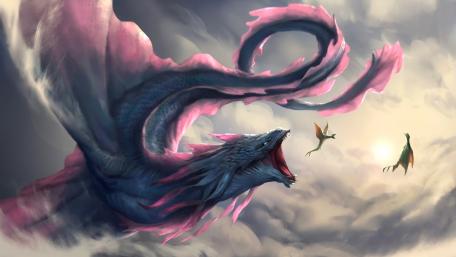 Majestic Pink Dragon Soaring in the Clouds wallpaper