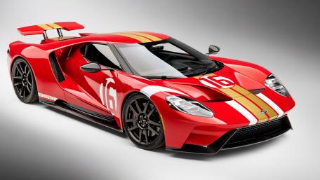 Dynamic Ford GT in Bold Red and Yellow Stripes wallpaper